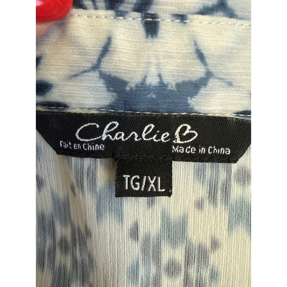 Charlie B Womens XL Blue White Tie Dye Sunburst Button Up Roll Tab Sleeve Tunic - Picture 3 of 3